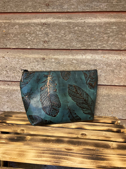 GREEN & BRONZE FEATHER EMBOSSED LEATHER COSMETIC BAG
