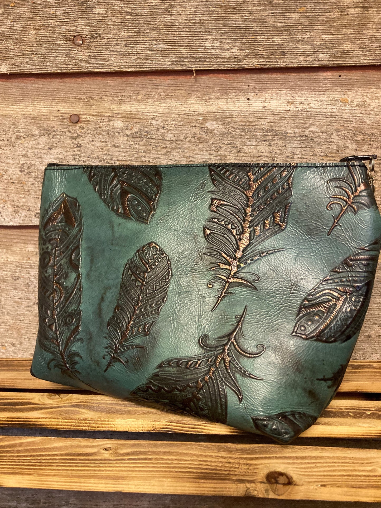 GREEN & BRONZE FEATHER EMBOSSED LEATHER COSMETIC BAG