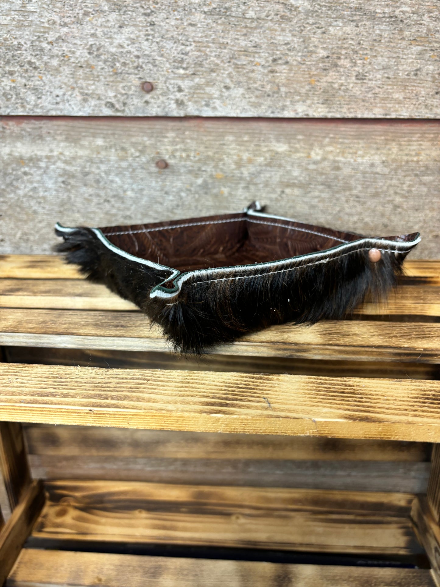 HAIR ON HIDE AND EMBOSSED LEATHER VALET TRAY