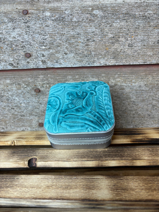 TURQUOISE EMBOSSED LEATHER AND SILVER JEWELRY CASE