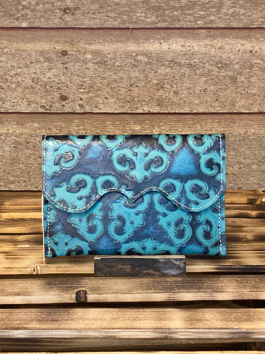 TURQUOISE EMBOSSED LEATHER WALLET