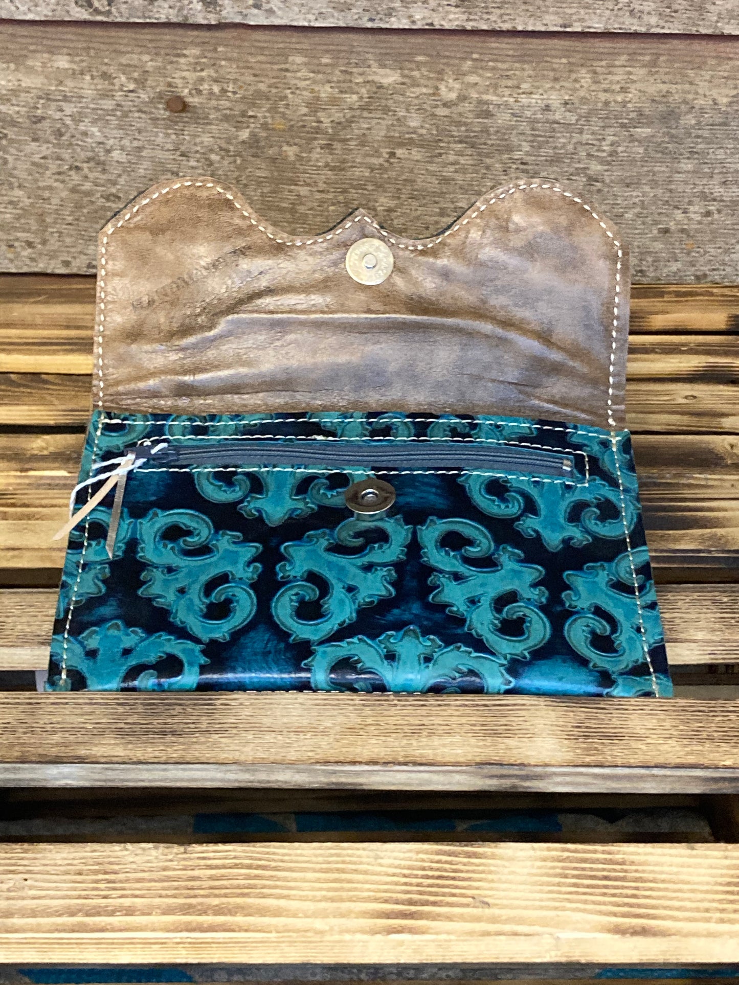 TURQUOISE EMBOSSED LEATHER WALLET