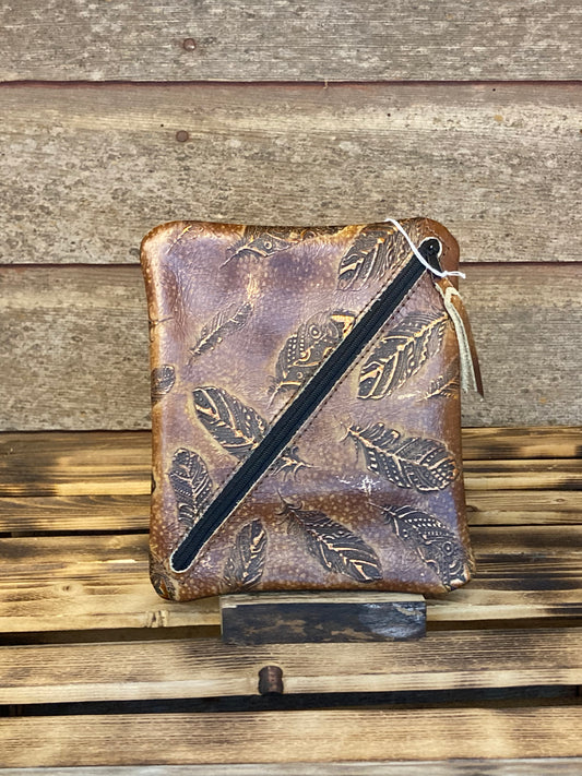 BRONZE FEATHER EMBOSSED LEATHER LAY FLAT BAG