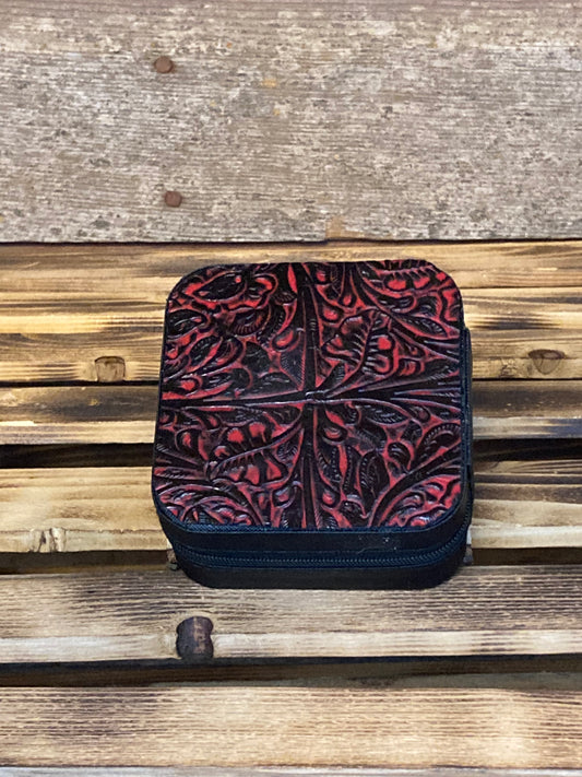 RED & BLACK EMBOSSED LEATHER TRAVEL JEWELRY CASE