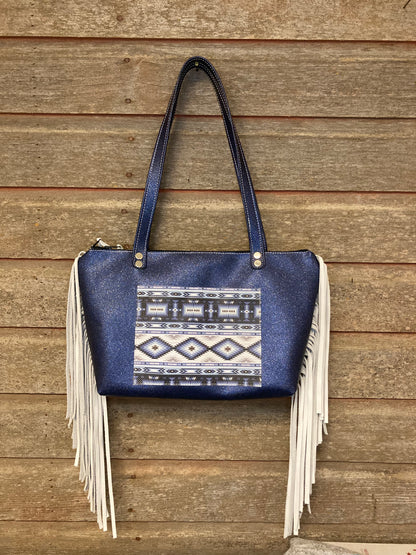 GLITTER BLUE ITALIAN LEATHER TOTE WITH AZTEC TRIM