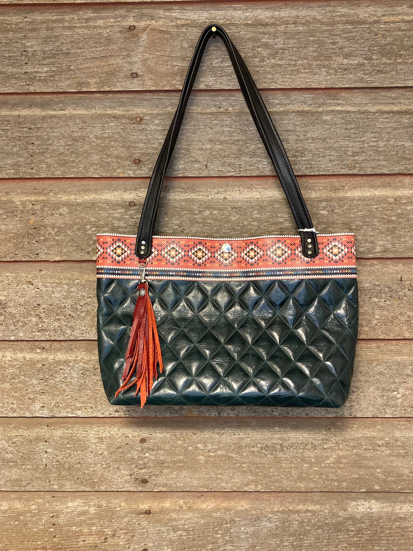 QUILTED GREEN AND RED AZTEC EMBOSSED LEATHER TOTE