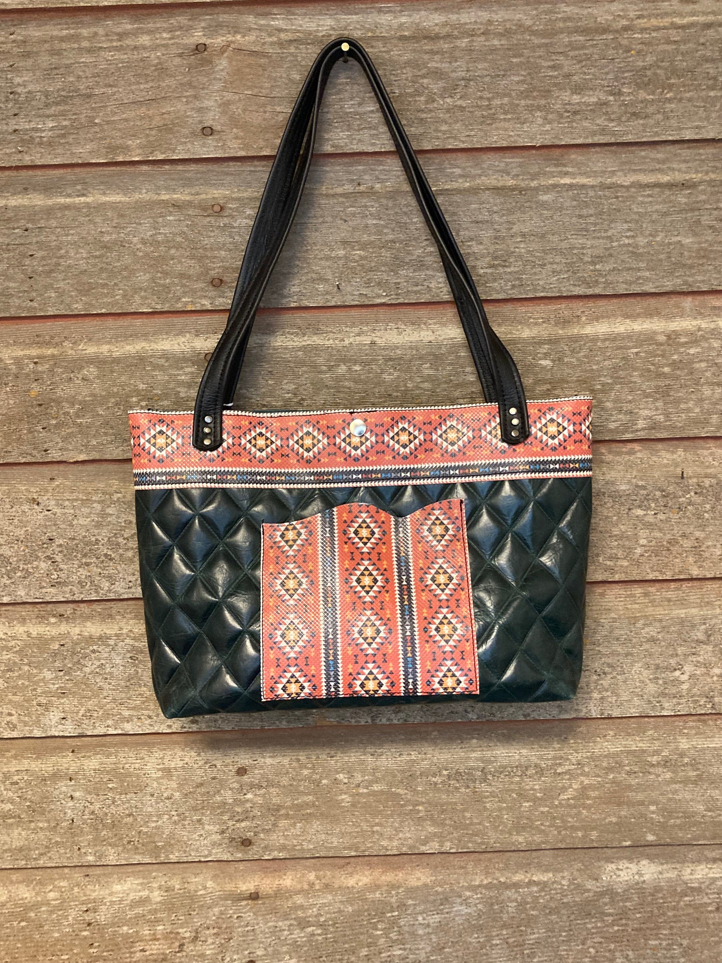 QUILTED GREEN AND RED AZTEC EMBOSSED LEATHER TOTE