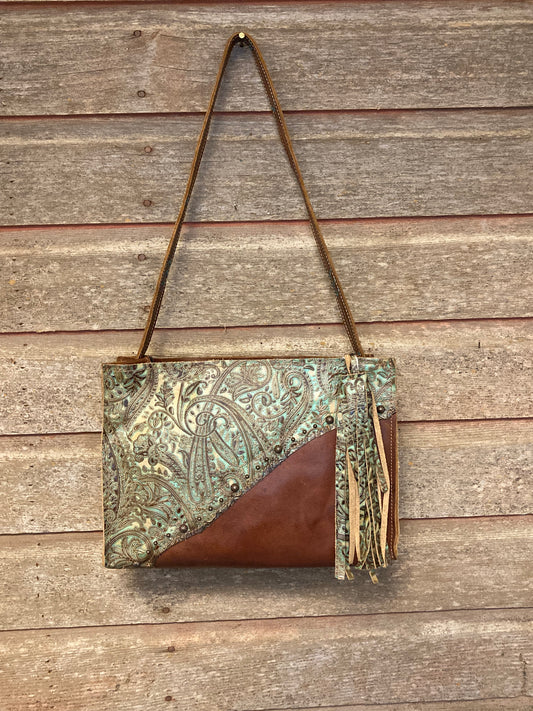BROWN WITH GREEN PAISLEY EMBOSSED LEATHER BOX PURSE