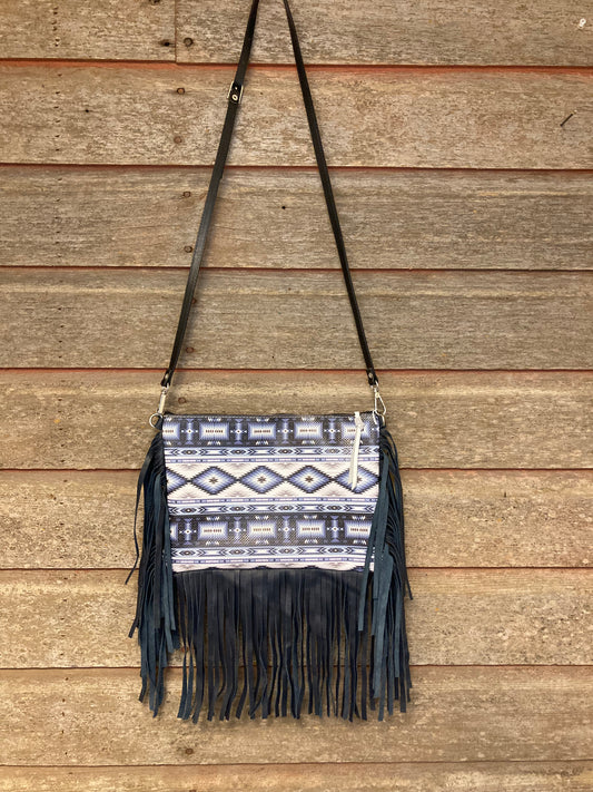 BLUE AZTEC EMBOSSED LEATHER PURSE WITH 3 SIDED FRINGE